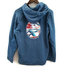 Patagonia Womens Blue Graphic Hooded Sweatshirt Size L Casual Comfort Drawstring